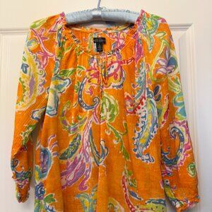 Ralph Lauren Jeans LRL Orange Paisley Blouse Size SMALL
